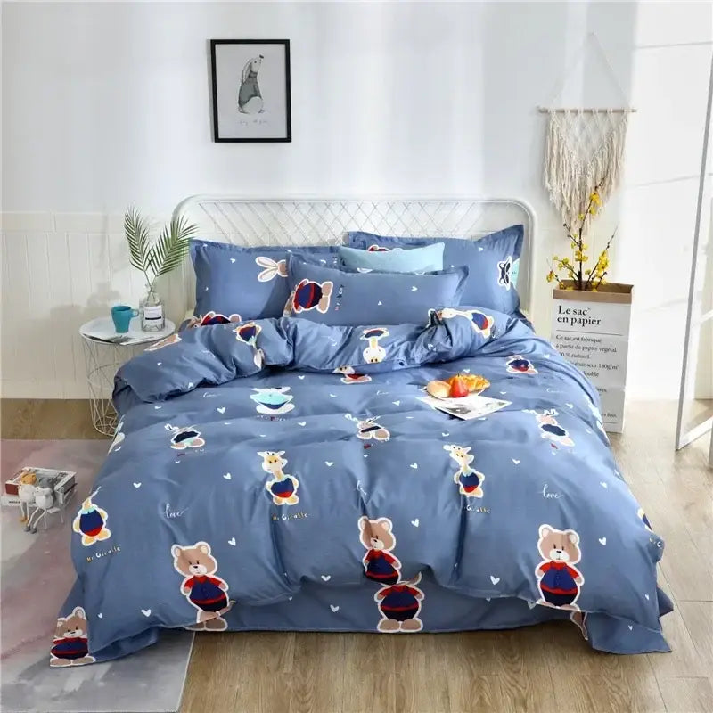 King size geometric blue and white duvet set featuring blue teddy bear-themed bedding with red and navy striped outfits decorbites cartoon king