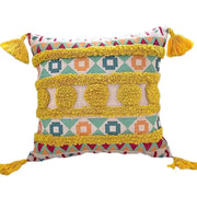Vibrant decorbites geometric bohemian pillow case with mustard yellow tassels and textured yarn accents for living room decor