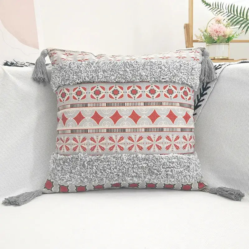 Cozy gray and red geometric bohemian pillow case with fluffy gray tassels for decorbites geometric bohemian decor