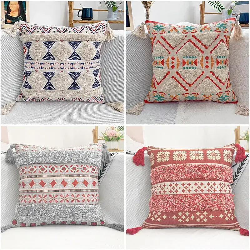 Tasselled throw pillow case with geometric bohemian pattern in mustard yellow textured fabric for living room decorbites geometric bohemian pillow