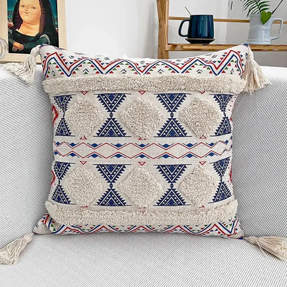 Beige and navy blue geometric bohemian pillow case with textured mustard yellow tassels for living room decorbites decor