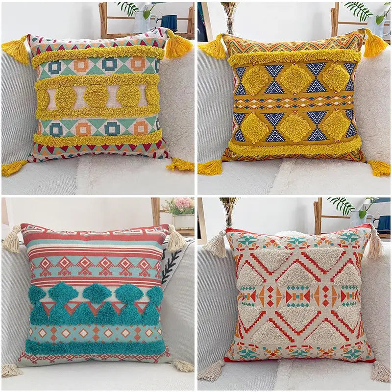 Vibrant decorbites geometric bohemian pillow case with mustard yellow tassels and bold geometric patterns for living room decor