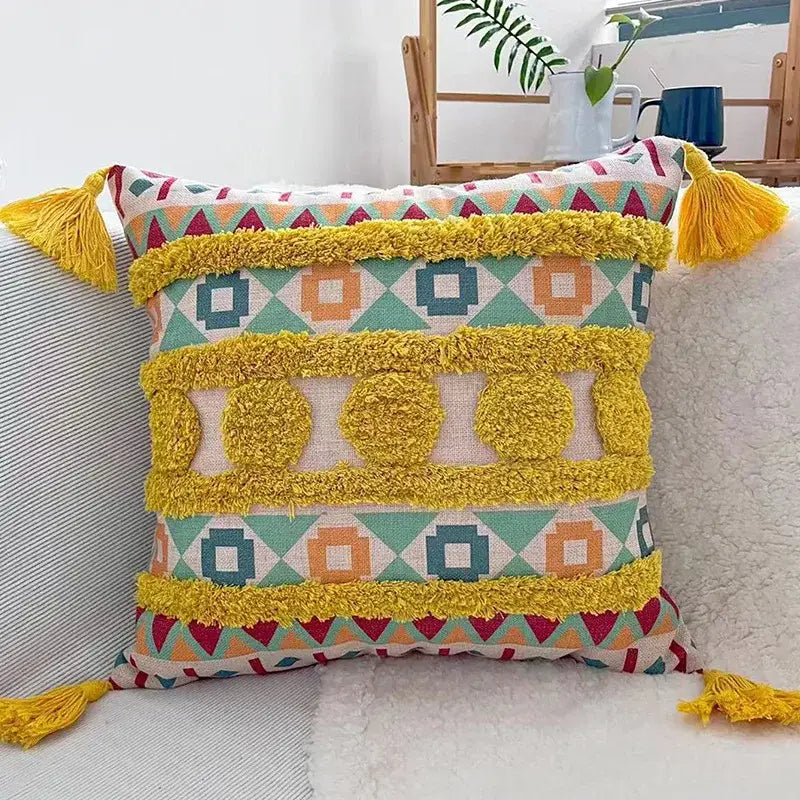 Vibrant decorbites geometric bohemian pillow case with teal orange patterns and mustard yellow tassels for living room decor