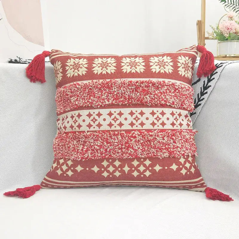 Red and cream patterned pillow case with textured fringe bands and tassels for decorbites geometric bohemian pillow decor