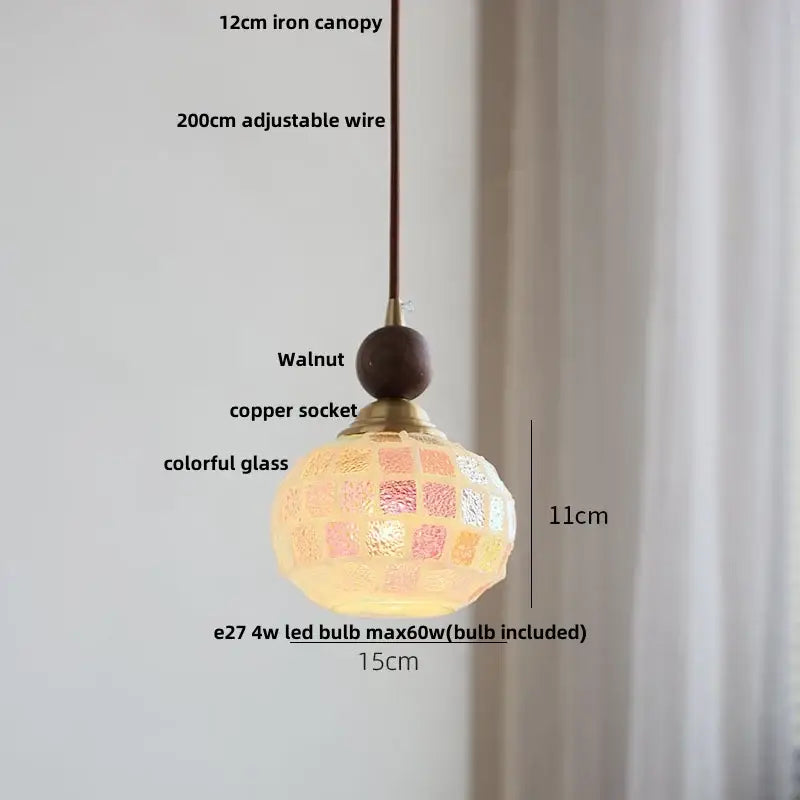 Spherical pendant light with colorful glass mosaic, walnut finial, and adjustable wire, perfect for dining room decorbites clear glass