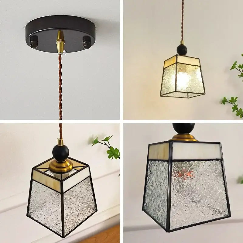 Black-framed geometric brass and clear glass led pendant light with textured panels for dining room decorbites clear glass