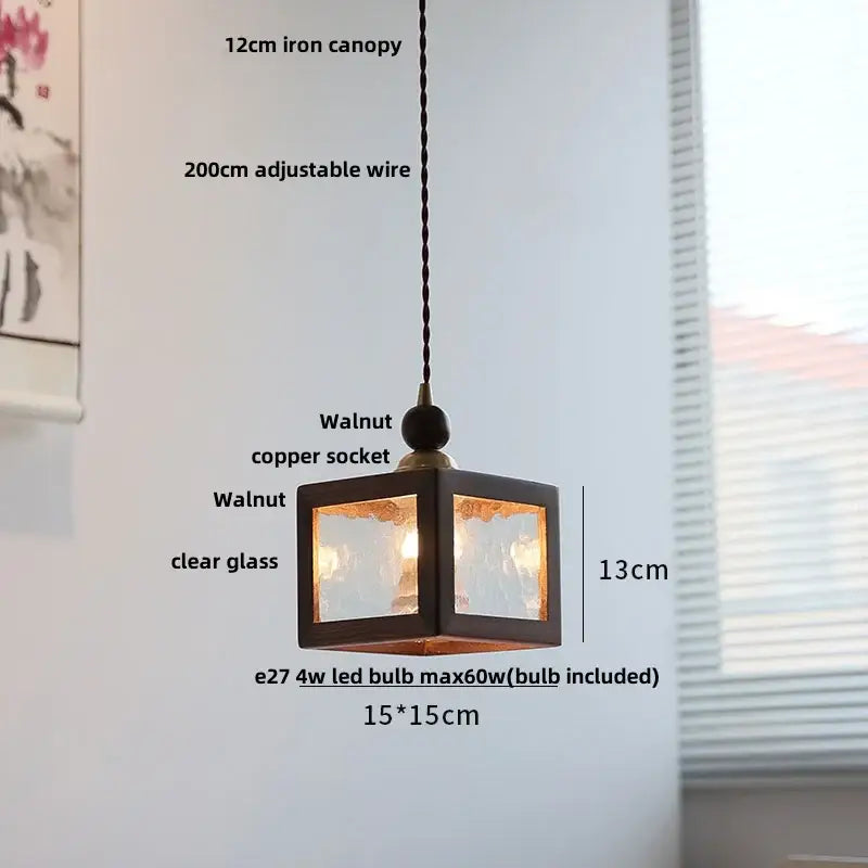 Rustic 13cm cube pendant light with walnut-finished iron frame clear glass led bulb perfect for dining room decorbites clear glass