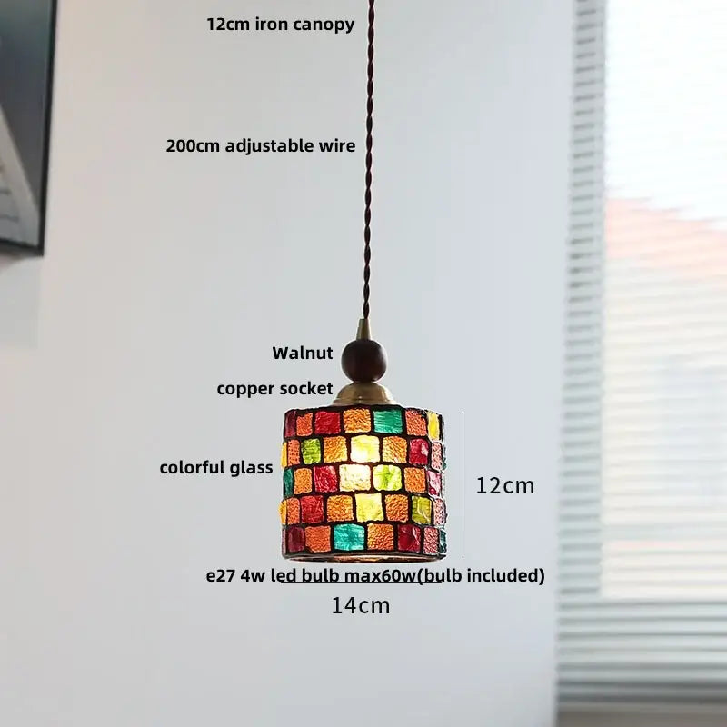 A 12cm vibrant pendant light with colorful glass mosaic and walnut-finished copper socket for dining room decorbites clear glass led