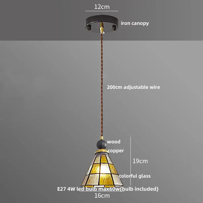 Vintage-style pendant light with black iron canopy copper-toned wire and colorful stained glass shade for dining room decorbites clear glass led