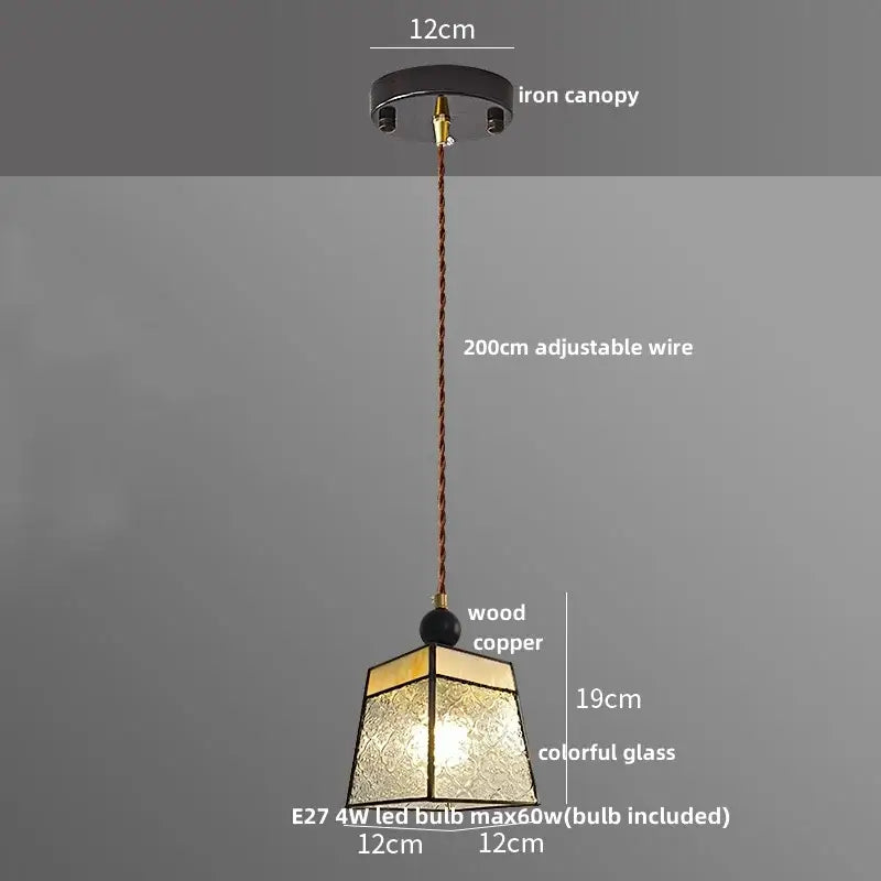 Geometric brass and clear glass led pendant light with warm-toned wooden copper frame and colorful glass panels for dining room decorbites clear glass