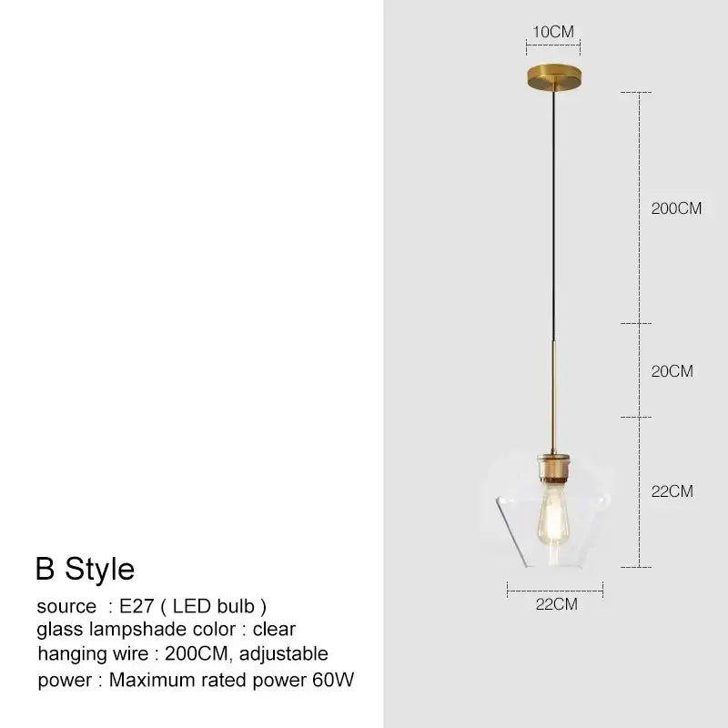 Geometric brass and glass chandelier pendant light with clear glass shade and adjustable 200cm wire for kitchen lighting