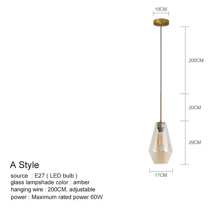 A modern amber glass pendant light with brass finish and adjustable wire for kitchen glass chandelier lighting