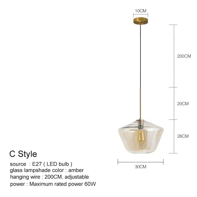 A modern amber glass pendant light with brass fixture and adjustable 200cm wire for kitchen glass chandelier lighting