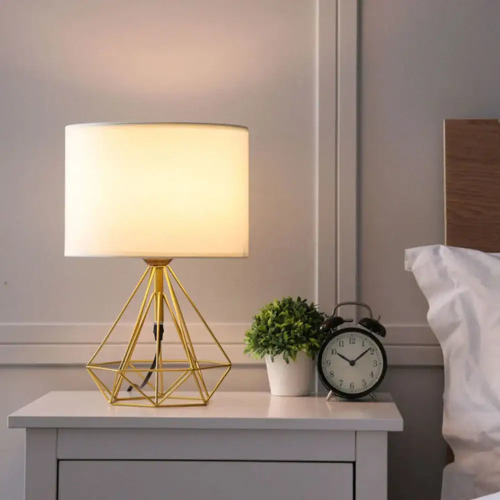 Gold geometric base desk lamp with soft white decorbites linen fabric led shade for bedroom night light decor