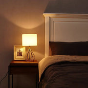 Warm-toned geometric brass desk lamp with cylindrical linen fabric led shade for bedroom night light decorbites linen fabric