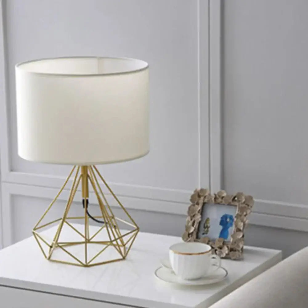 Gold geometric base desk lamp with cream decorbites linen fabric led shade for bedroom night light decor