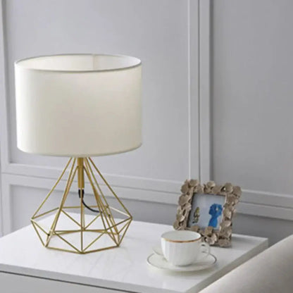 Gold geometric base desk lamp with cream decorbites linen fabric led shade for bedroom night light decor
