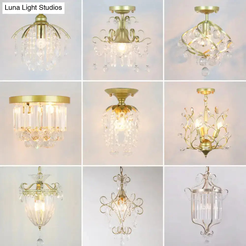 DecorBites™ DecorBites™ Geometric Brass Semi Flush Crystal Ceiling Mount - Traditional 1-Light Fixture for Hallways