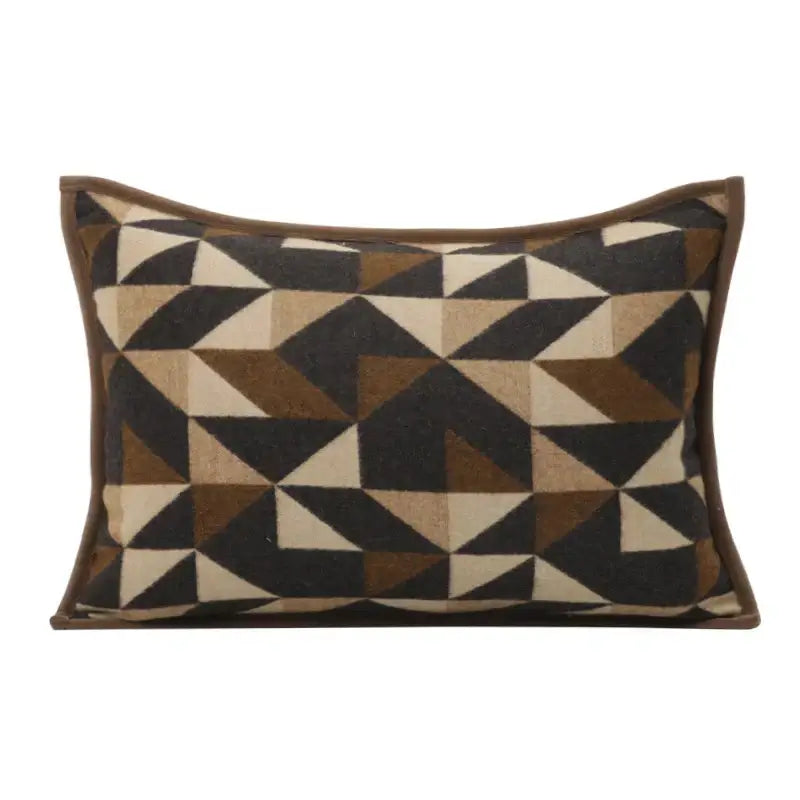 Rectangular throw pillow with a geometric brown leather splicing pattern of black beige and brown triangles for decorbites decor