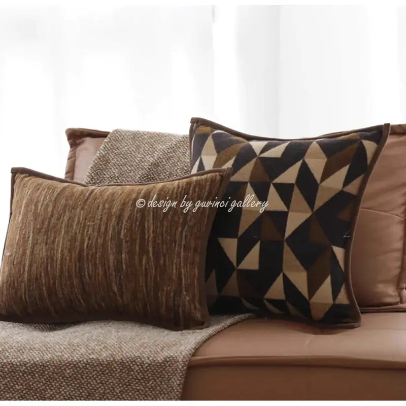 Brown leather splicing geometric throw pillow cover with textured woven fabric for living room decorbites geometric brown decor