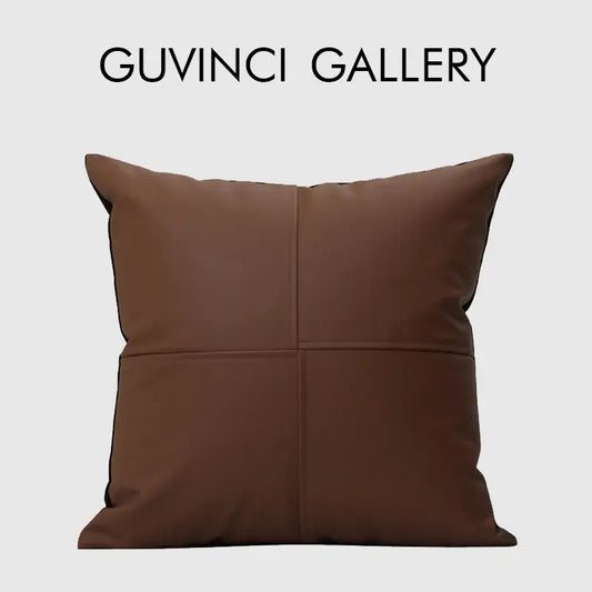 Brown leather splicing throw pillow cover with quilted four-panel design for living room decorbites geometric brown style
