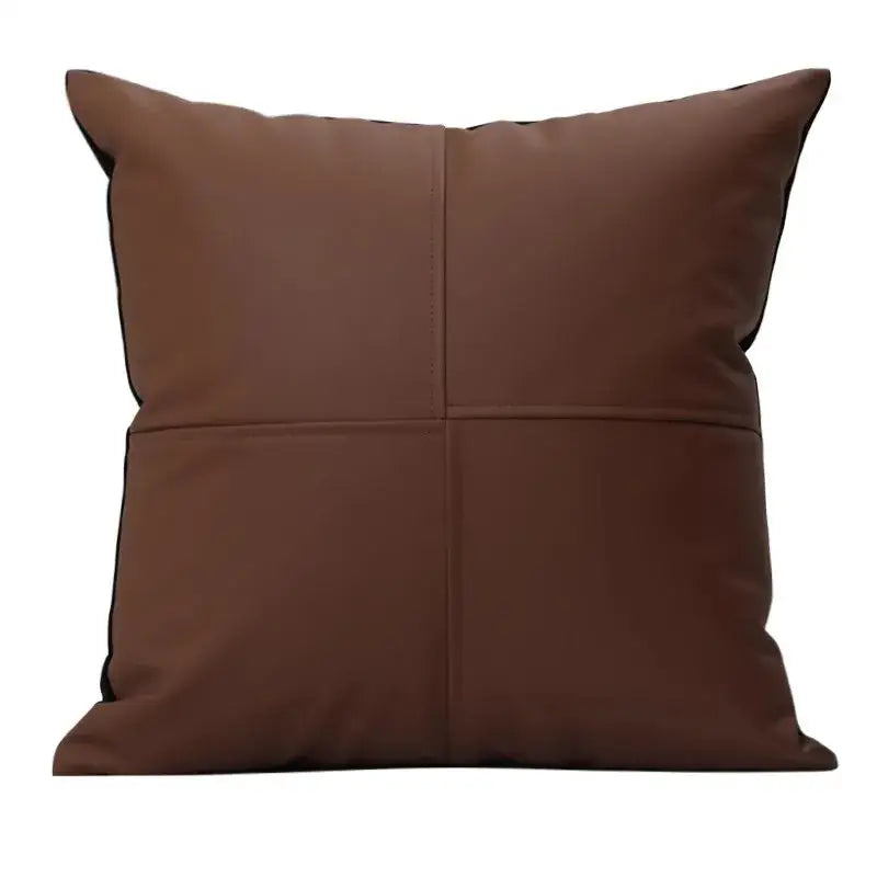 Brown leather splicing square pillow cover with quilted design and black stitching for decorbites geometric brown decor