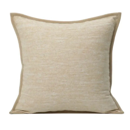 Beige textured linen throw pillow with matching stitched border for decorbites geometric brown leather splicing decor