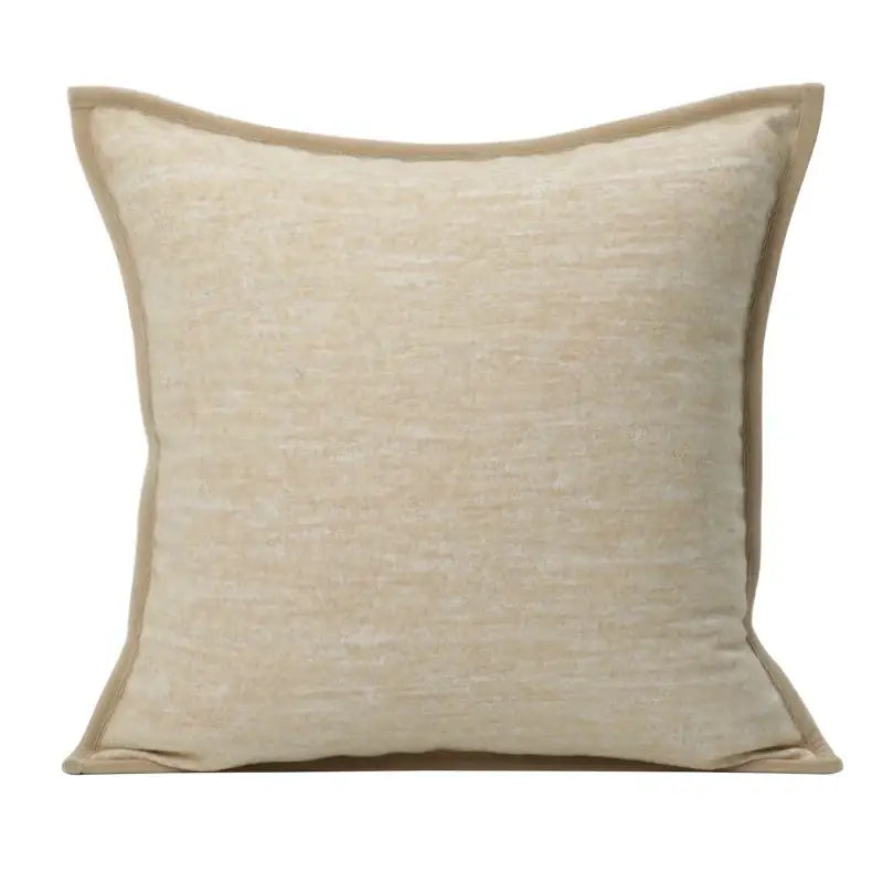 Beige textured linen throw pillow with matching stitched border for decorbites geometric brown leather splicing decor