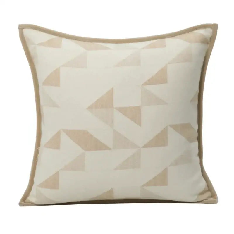 Beige and cream geometric patterned square pillow with matching fabric border for geometric brown leather splicing decorbites decor