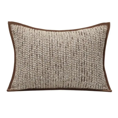 Rectangular throw pillow cover with geometric brown leather splicing and woven beige fabric for decorbites geometric brown decor