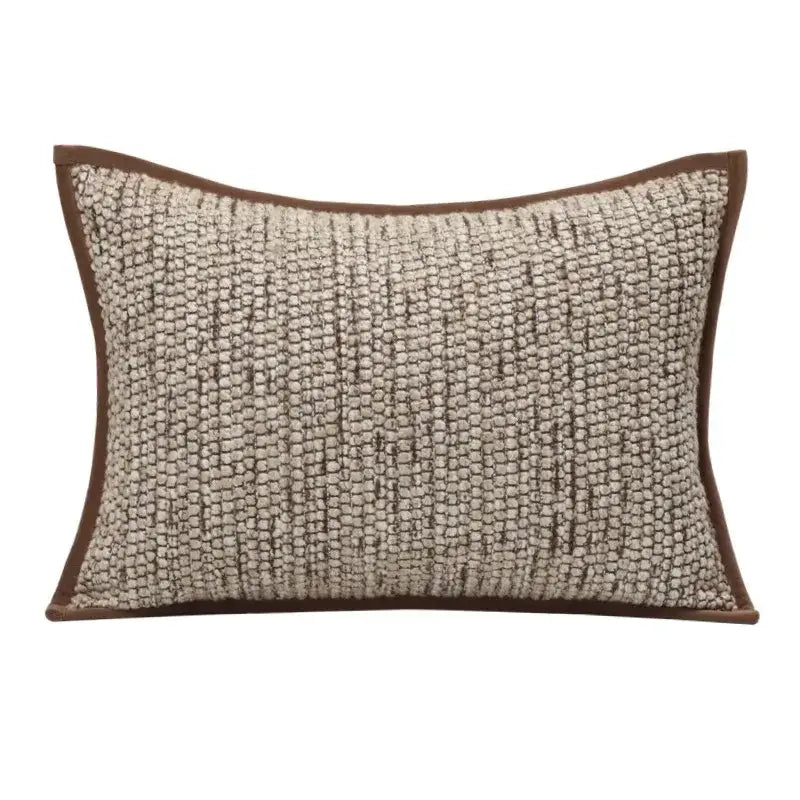 Rectangular throw pillow cover with geometric brown leather splicing and woven beige fabric for decorbites geometric brown decor
