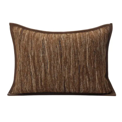 Rectangular brown leather splicing throw pillow cover with textured vertical stripes and dark brown piping for living room decorbites geometric brown decor