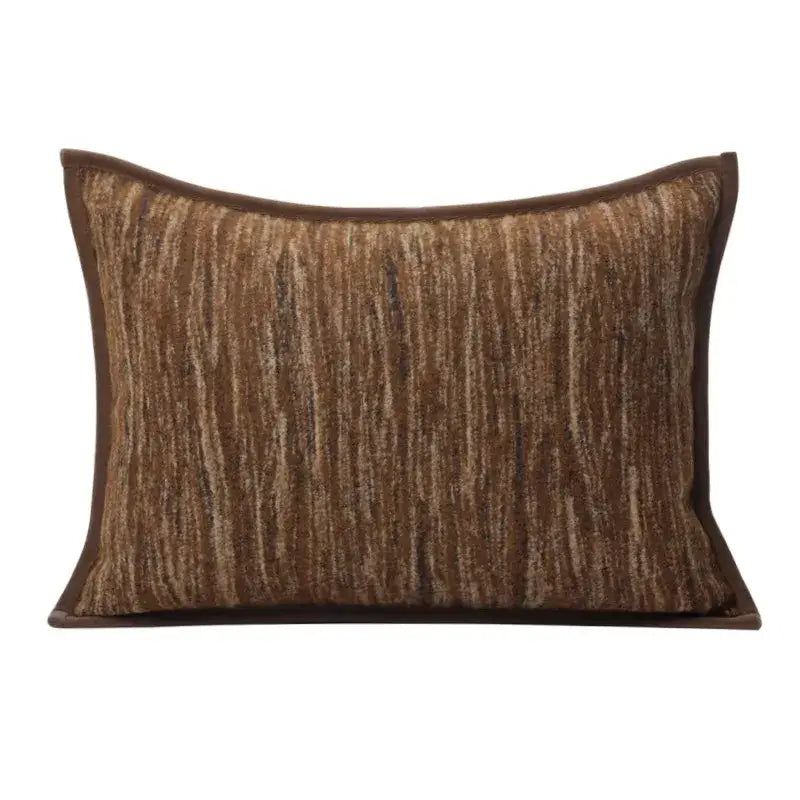 Rectangular brown leather splicing throw pillow cover with textured vertical stripes and dark brown piping for living room decorbites geometric brown decor
