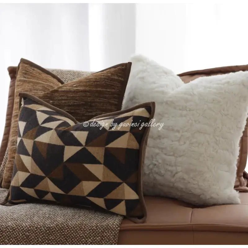 Geometric brown leather splicing throw pillow cover with textured woven fabric in brown and beige for living room decorbites decor