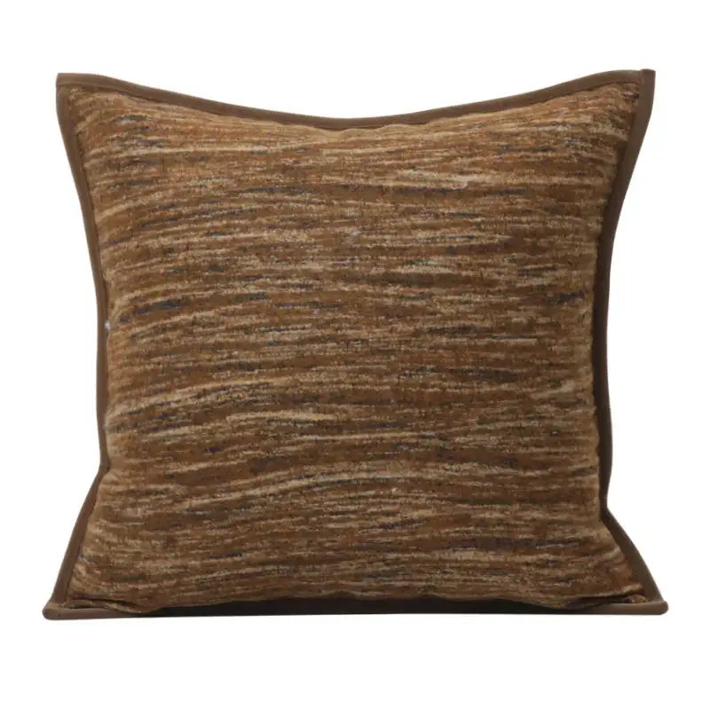 Brown textured throw pillow with geometric brown leather splicing and woven striped pattern for living room decorbites decor