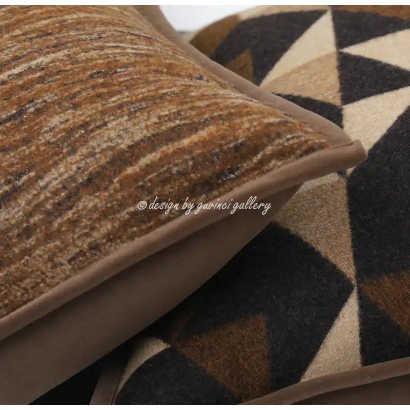 Geometric brown leather splicing throw pillow cover with brown textured fabric and subtle striped pattern for living room decor