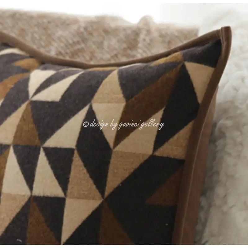 Rectangular throw pillow cover with geometric brown leather splicing and interlocking triangle pattern for living room decorbites geometric brown