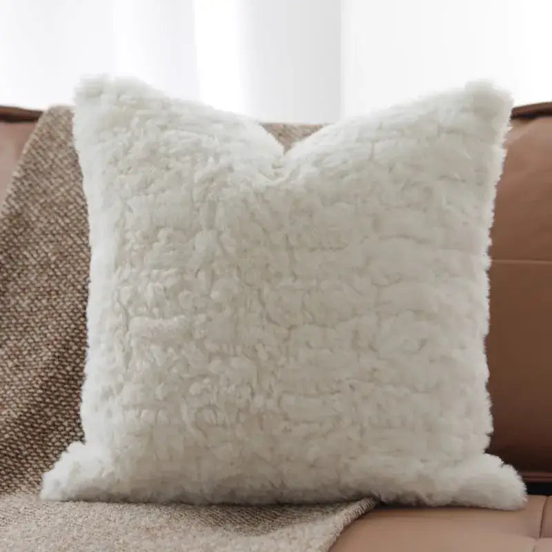 White fluffy faux fur throw pillow with textured plush surface for decorbites geometric brown leather splicing decor