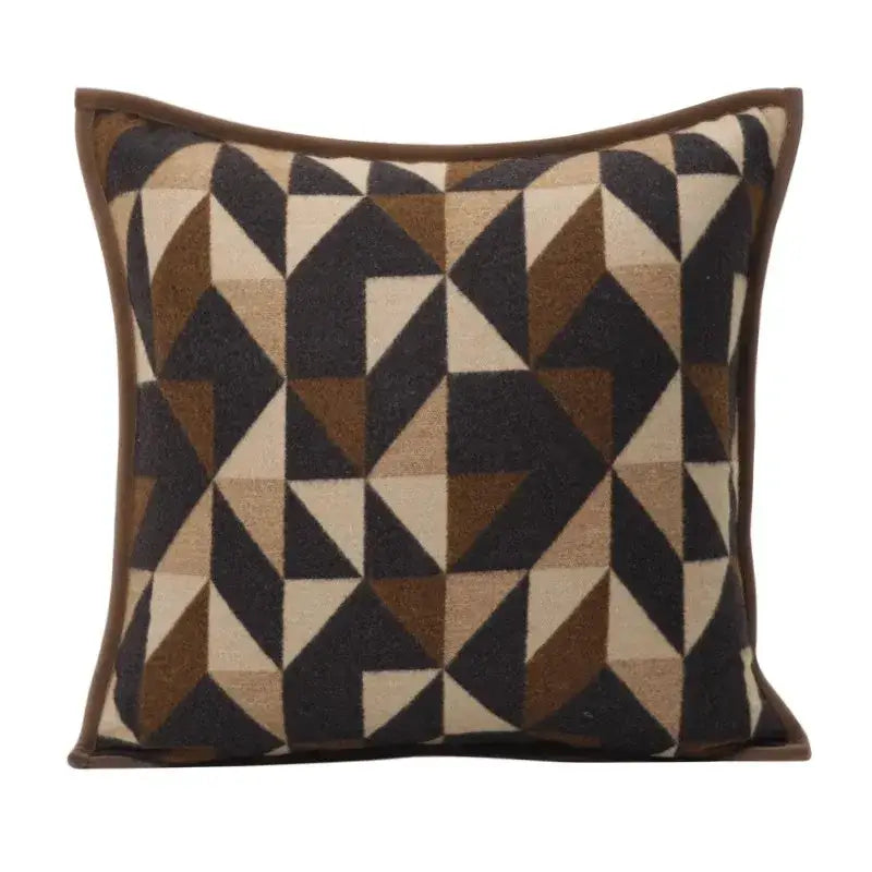 Square throw pillow with geometric brown leather splicing and interlocking triangle pattern for living room decorbites geometric brown