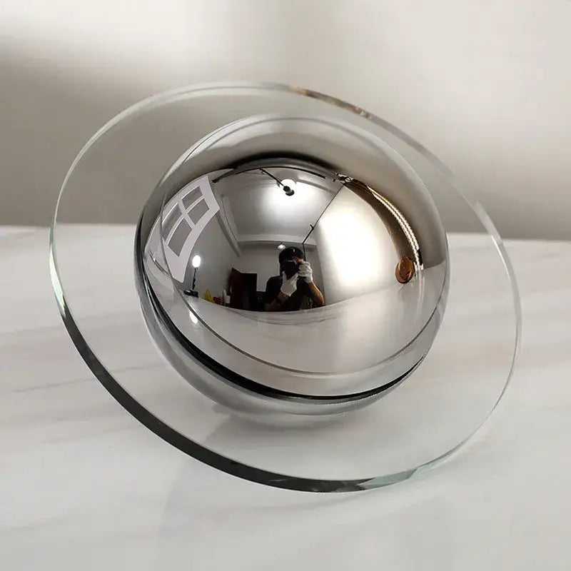 Shiny chrome-finished spherical mirror crystal ball with clear glass base geometric butterfly home decor for living room