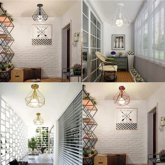 Geometric cage iron ceiling light fixture with exposed bulbs in black gold and copper finishes for dining room