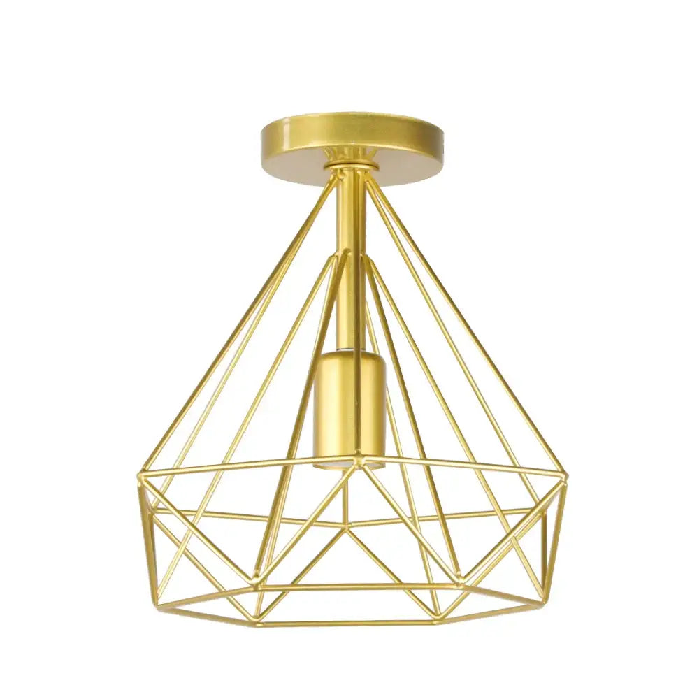Gold-colored geometric cage iron ceiling light fixture with diamond design and exposed bulb for dining room ceiling light