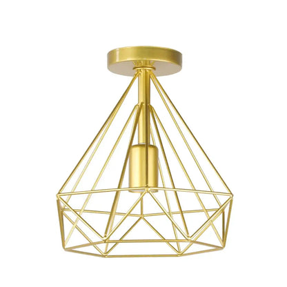 Gold-colored geometric cage iron ceiling light fixture with diamond design and exposed bulb for dining room ceiling light
