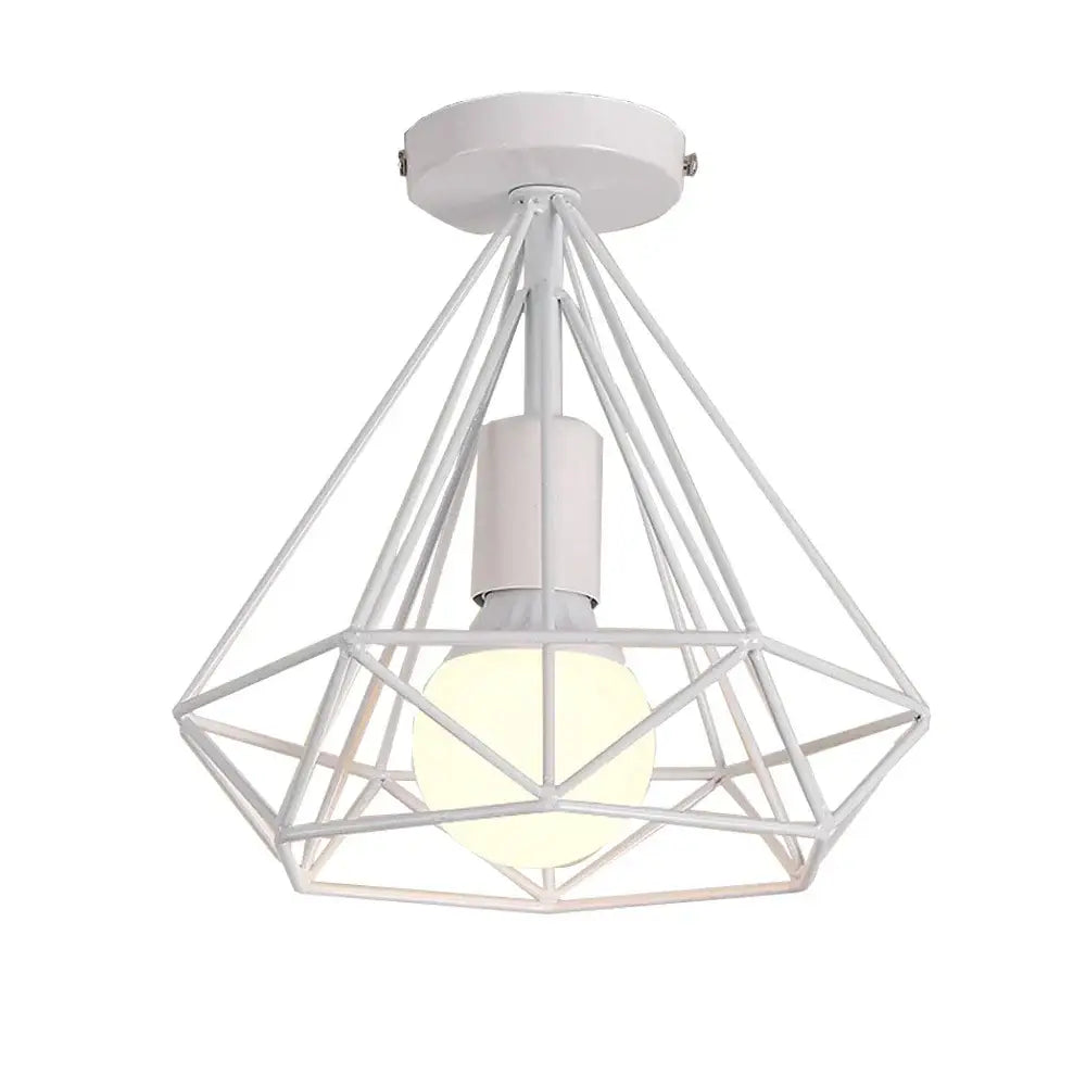 White geometric metal ceiling light fixture with diamond shaped cage design for dining room exposed bulb lighting