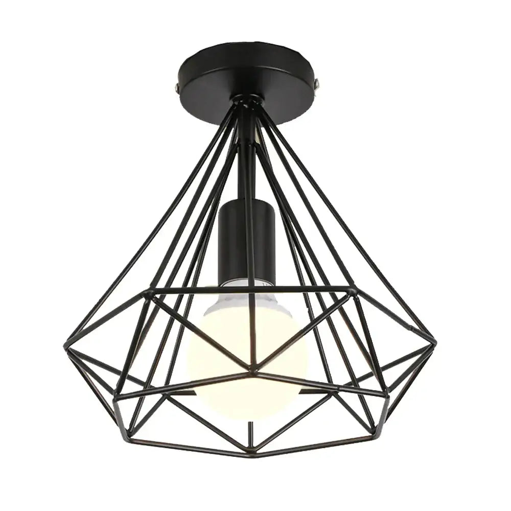Black geometric cage iron ceiling light fixture with central exposed bulb for dining room use