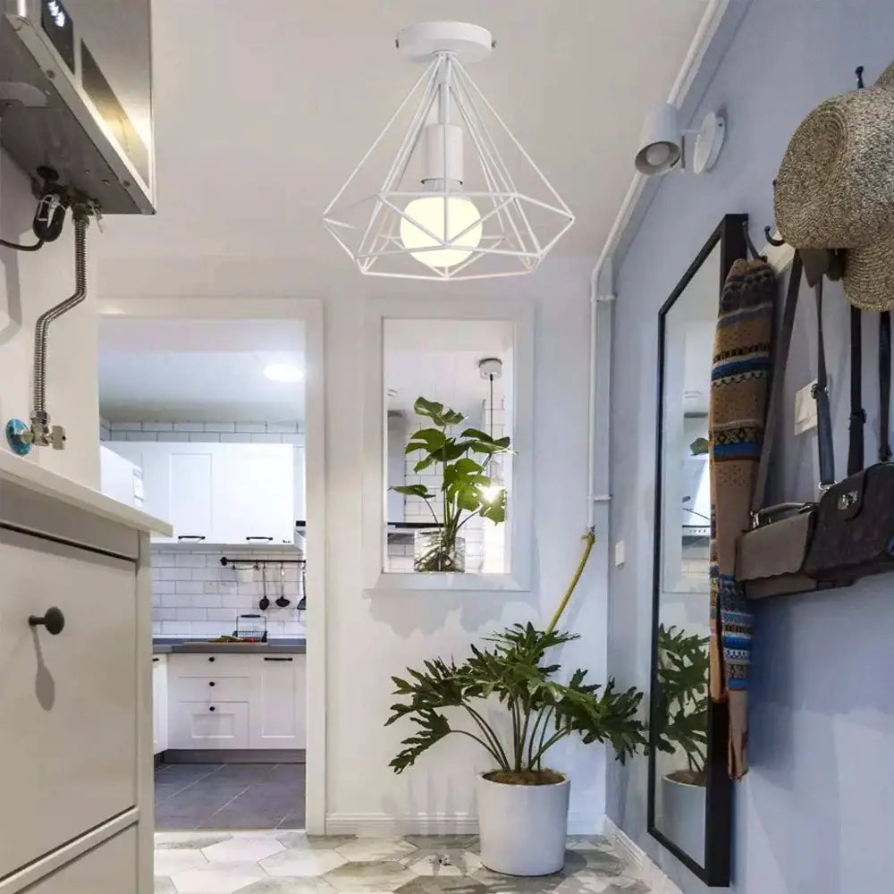 White geometric cage iron ceiling light fixture with frosted glass bulb for modern dining room ceiling light