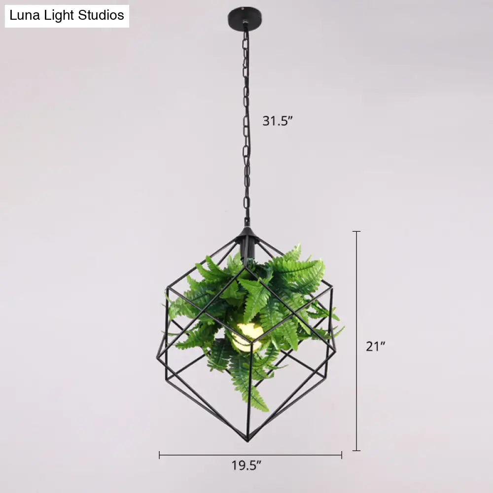 Geometric Cage Pendant Light with Leaf Accents - Industrial Restaurant Suspension Lamp