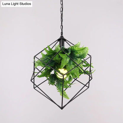 Geometric Cage Pendant Light with Leaf Accents - Industrial Restaurant Suspension Lamp