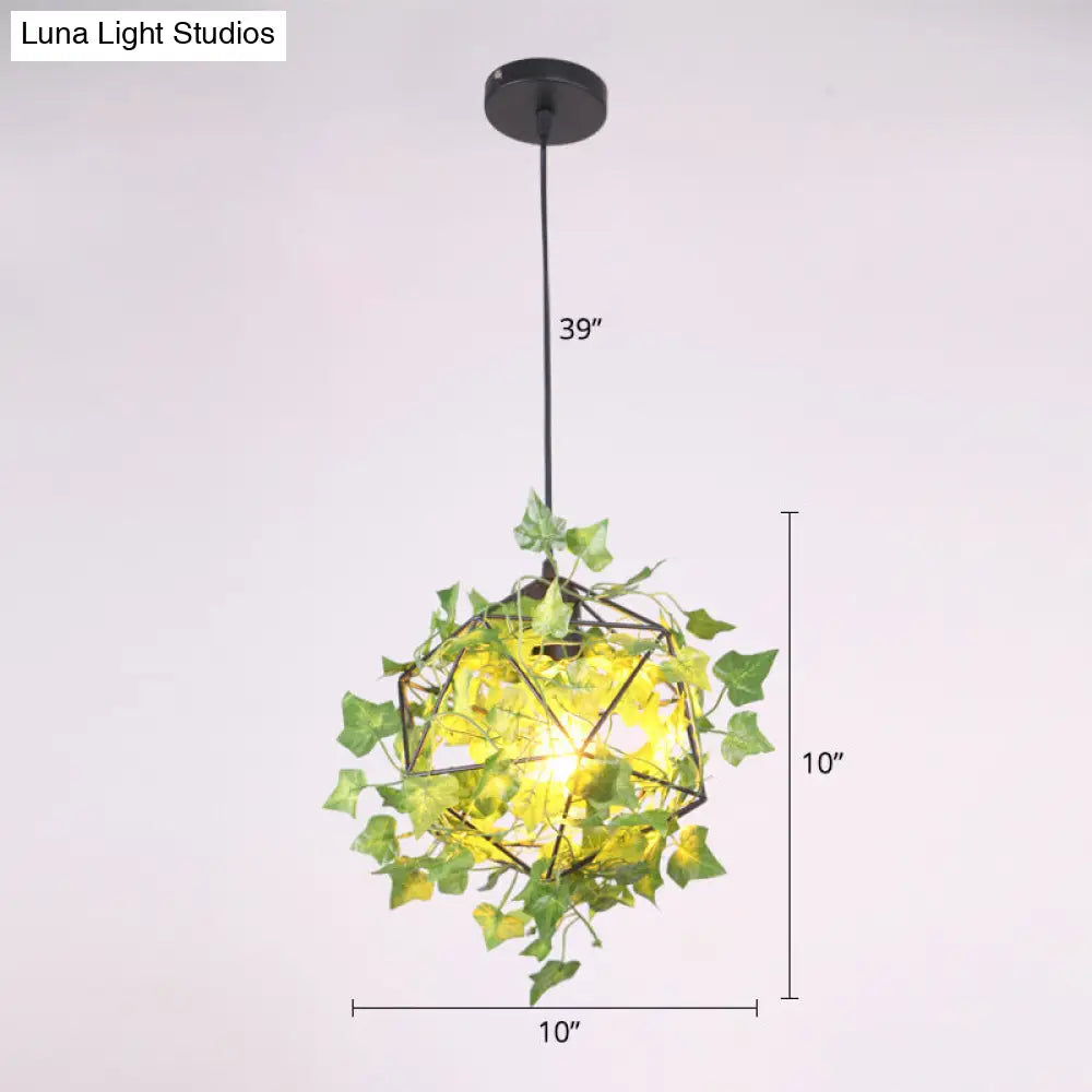 Geometric Cage Pendant Light with Leaf Accents - Industrial Restaurant Suspension Lamp