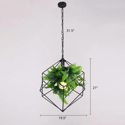 Geometric Cage Pendant Light with Leaf Accents - Industrial Restaurant Suspension Lamp